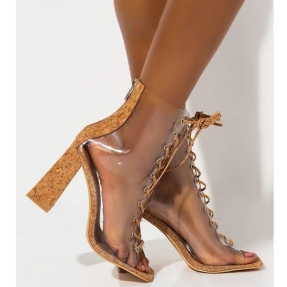 Clear Chunky Heel Peep Toe Lace Up Booties in Cork - Picture 2 of 6